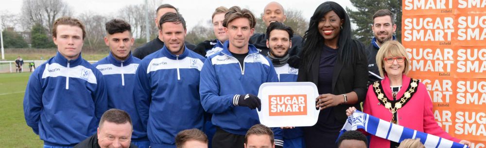 Players from Enfield Town Football Club help Enfield Council launch the Smart Sugar initiative