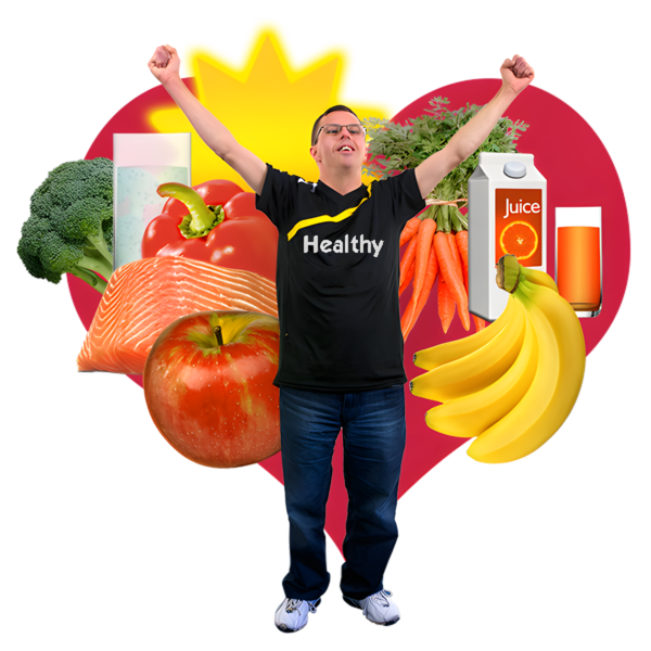 Man in front of an image of healthy food