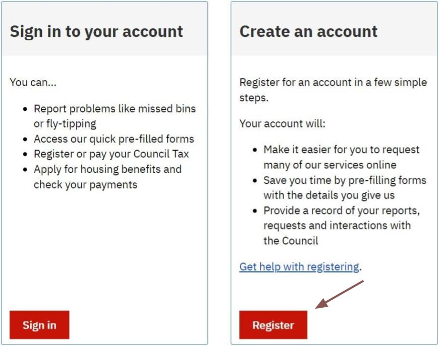 Register for an account button screenshot