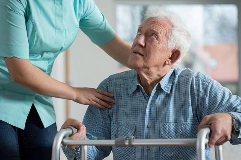 Person using a walking frame with support