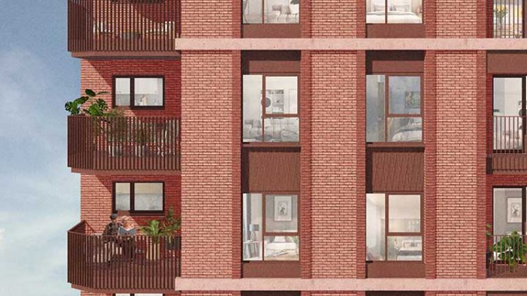 Artist impression - view of the outside of a block of flats showing balconies