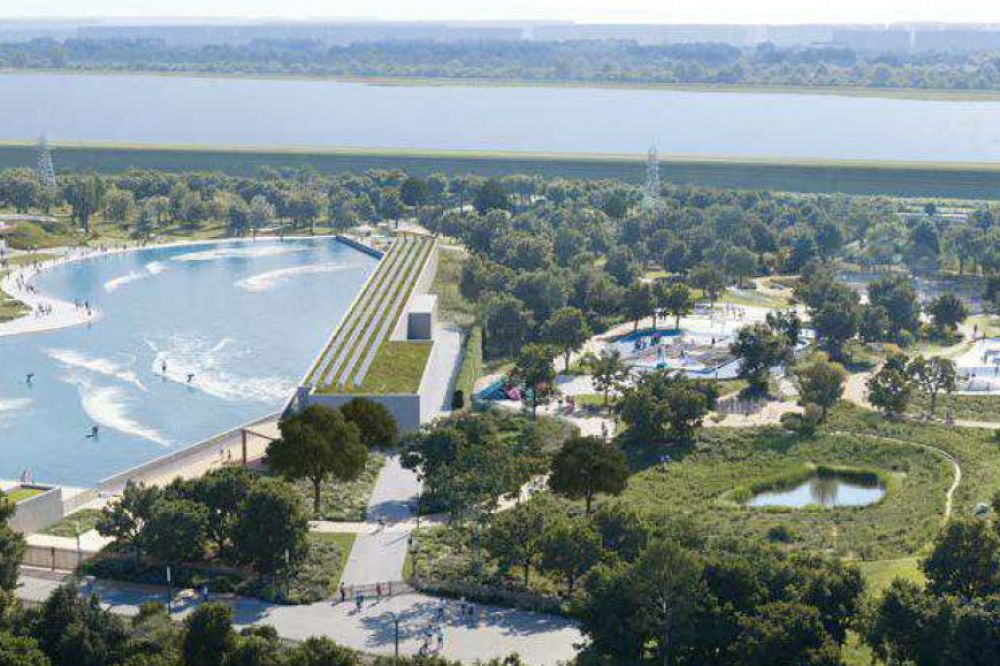 CGI of surfing lake and surrounding greenery