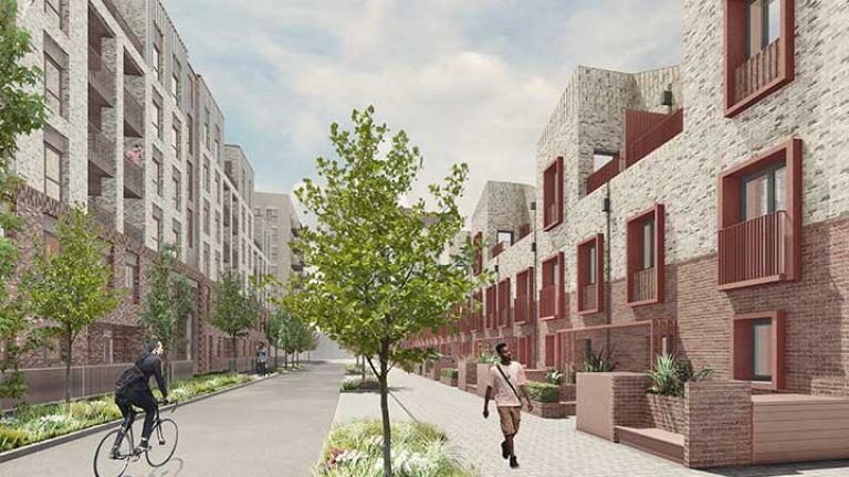 Artist impression - view of the estate when completed with someone riding a bike