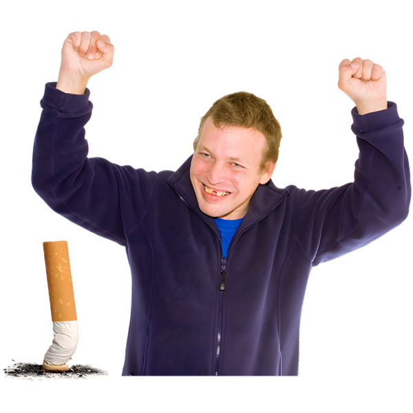 Man with arms raised and a cigarette stubbed out
