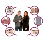 Man and a woman surrounded by pictures of homes
