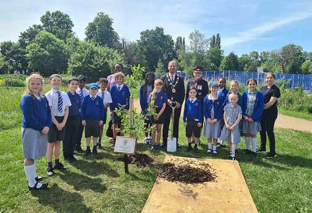 School children and Mayor of Enfield surrounding the oak sapling
