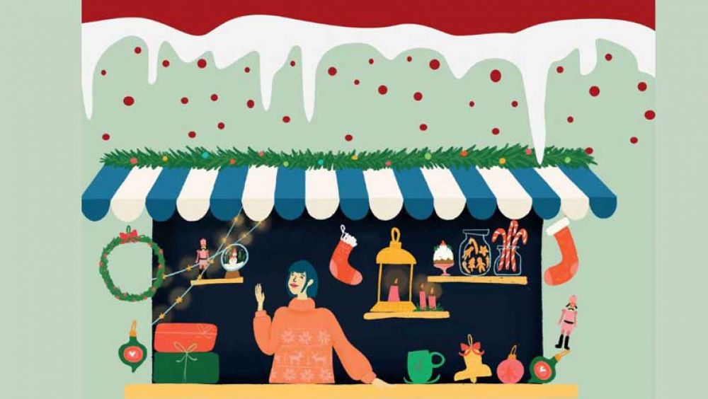 An illustration of a market stall and market stall holder selling Christmas items