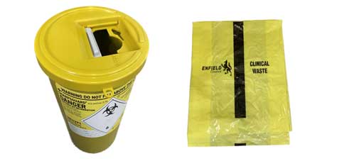 Yellow healthcare waste bin and bag