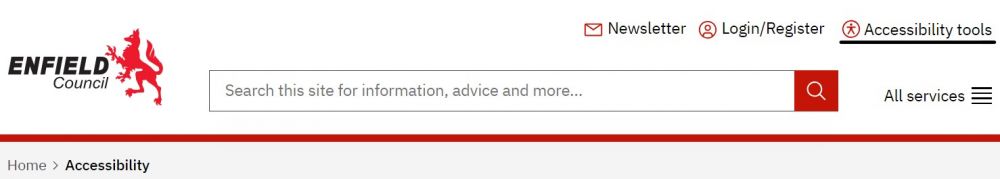 Screenshot of Enfield Council website header with accessibility link underlined