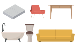 Mattress, bath, toilet, sofa, armchair and table