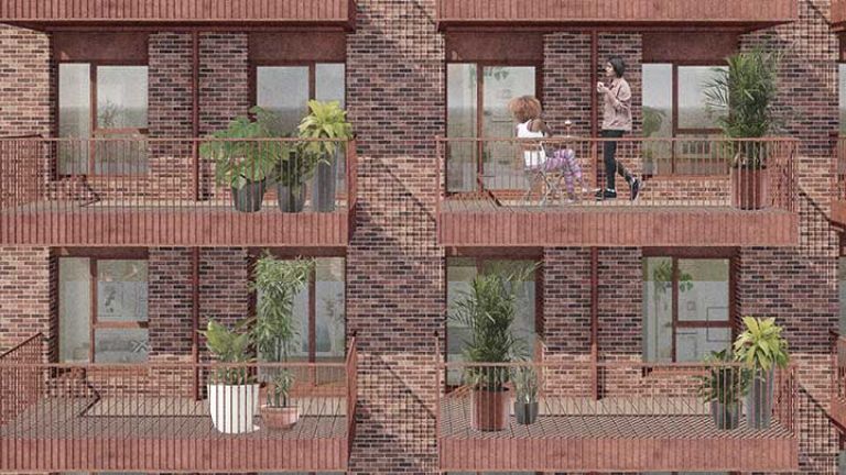 Artist impression - two people sitting on a balcony outside a flat