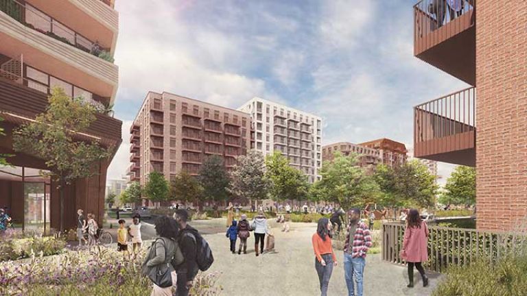 Artist impression - view of the estate when completed with people walking about