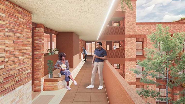 Artist impression - two people talking and smiling outside their flat