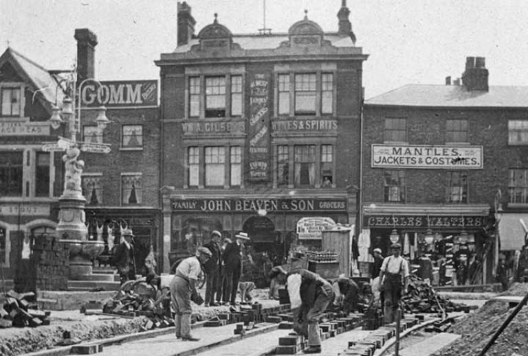 Workers laying tram track in Enfield Town, circa 1909
