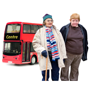 2 women with bus in background