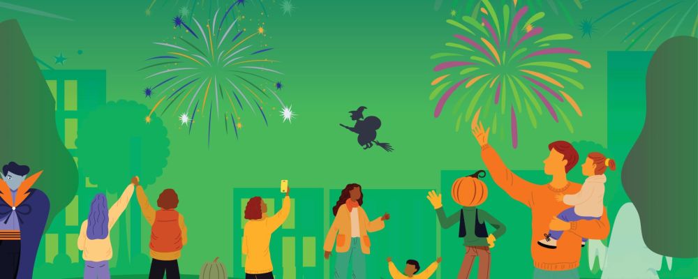 A brightly coloured graphic showing people enjoying fireworks with some dressed in Halloween fancy dress costumes