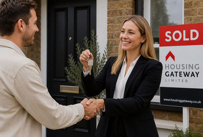 A lady presenting a man with a set of keys to a property