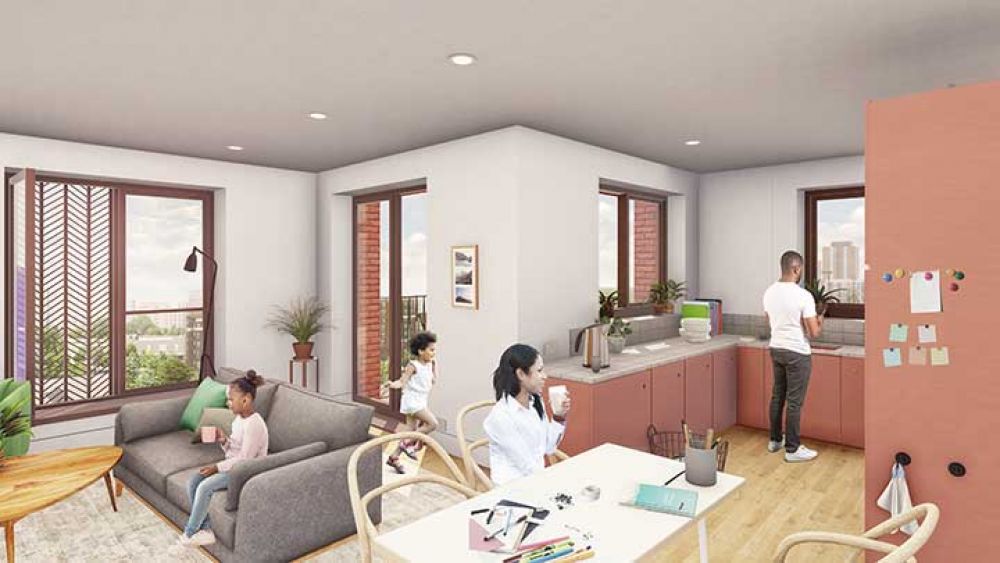 Artist impression - a family relaxing inside their flat