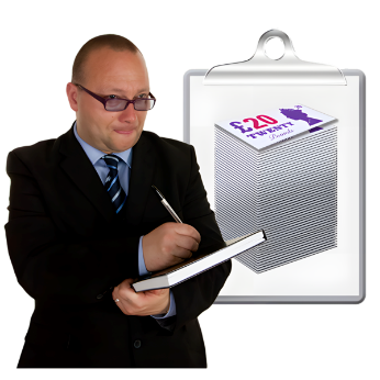 Man with notepad in front of a picture of money