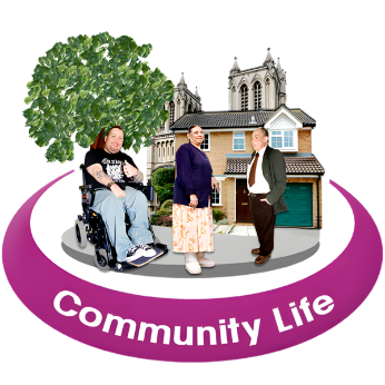 3 people with a house, church and tree in background