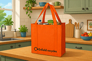 Orange recycling bag on a kitchen table