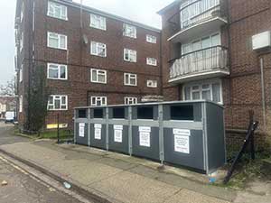 Bin enclosures on a housing estate