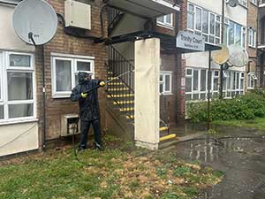 Cleaning estate walls with a pressure washer