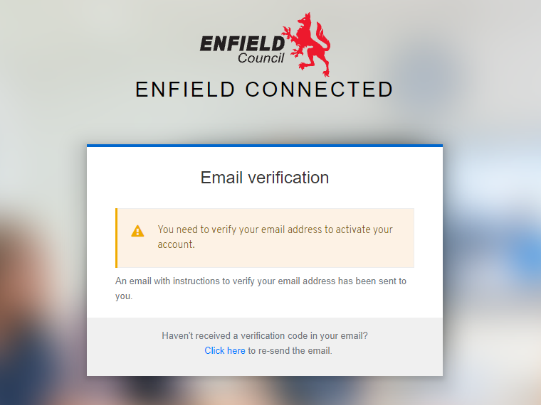 Image of message displayed once account has been registered telling customer to verify their email address