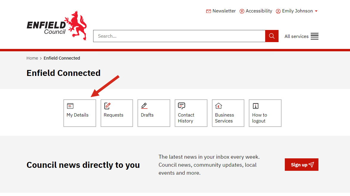 Image of Enfield Connected home page with arrow pointing towards 'My Details' homepage