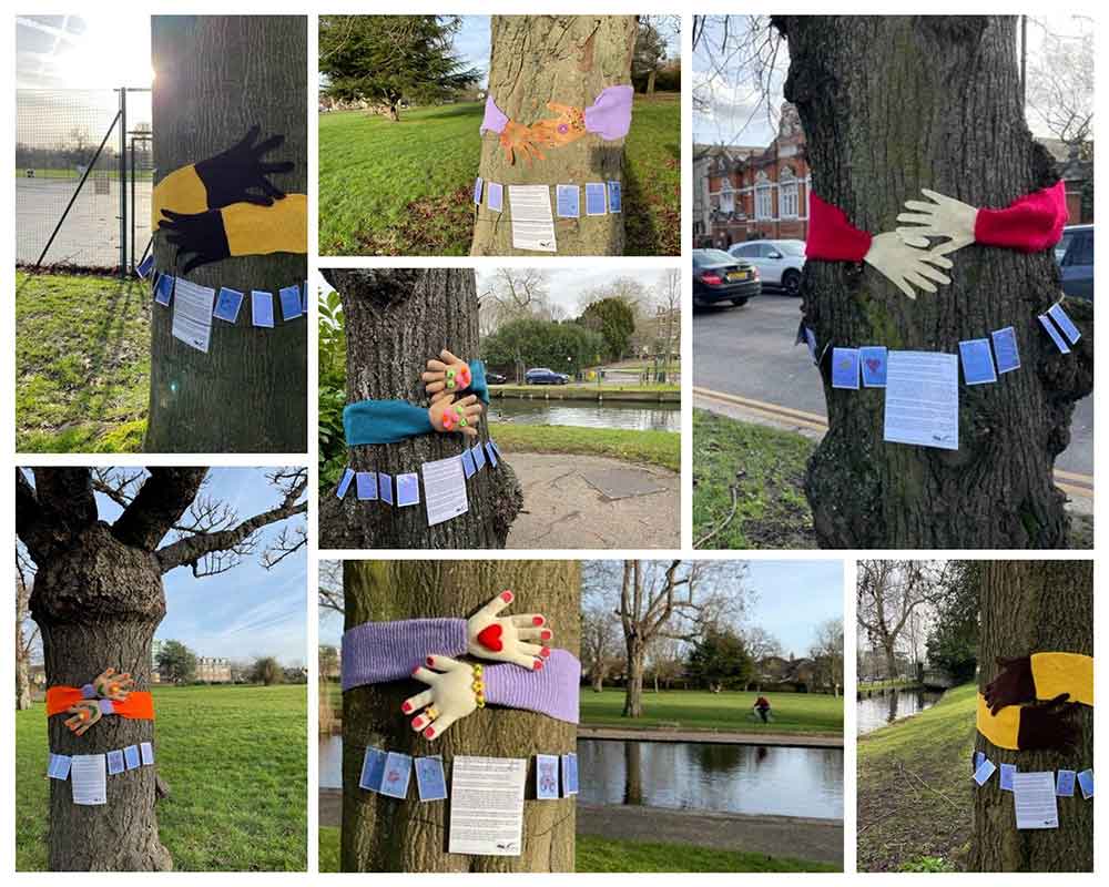 A collage of images of knitted hugs for trees