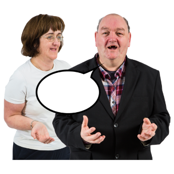 Man with speech bubble in front of a woman
