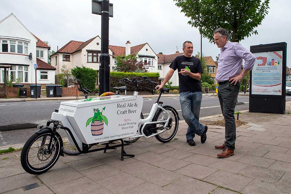 Councillor Ian Barnes checks out a cargo bike from Green Dragon Ales