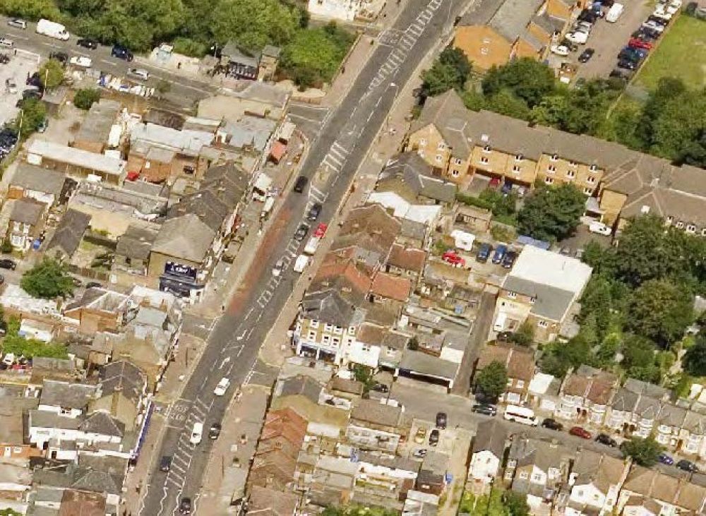 A bird's eye view of residential streets and homes in Enfield Wash area