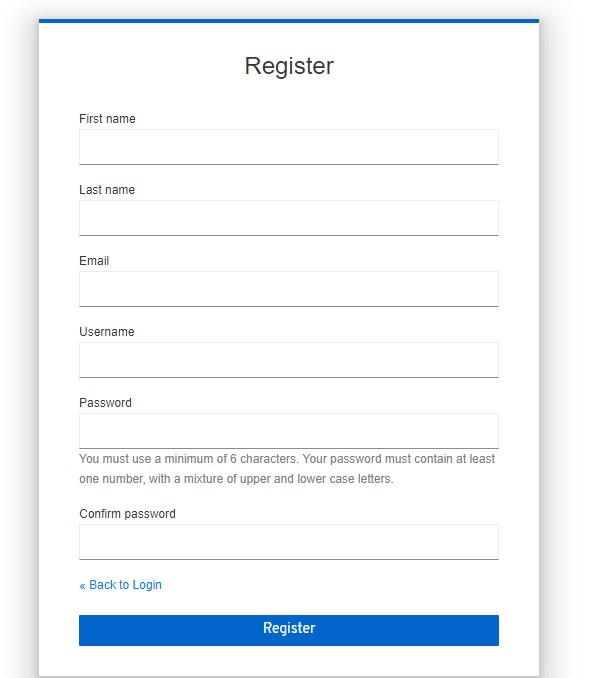 Screenshot of register panel with password rules