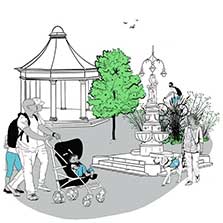 An illustration of people walking about in Enfield Town centre. There is a fountain, a bandstand and a large green tree