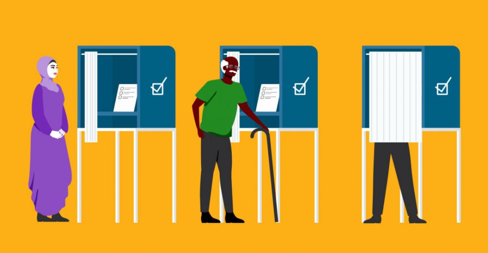 Three images of people voting at ballot boxes