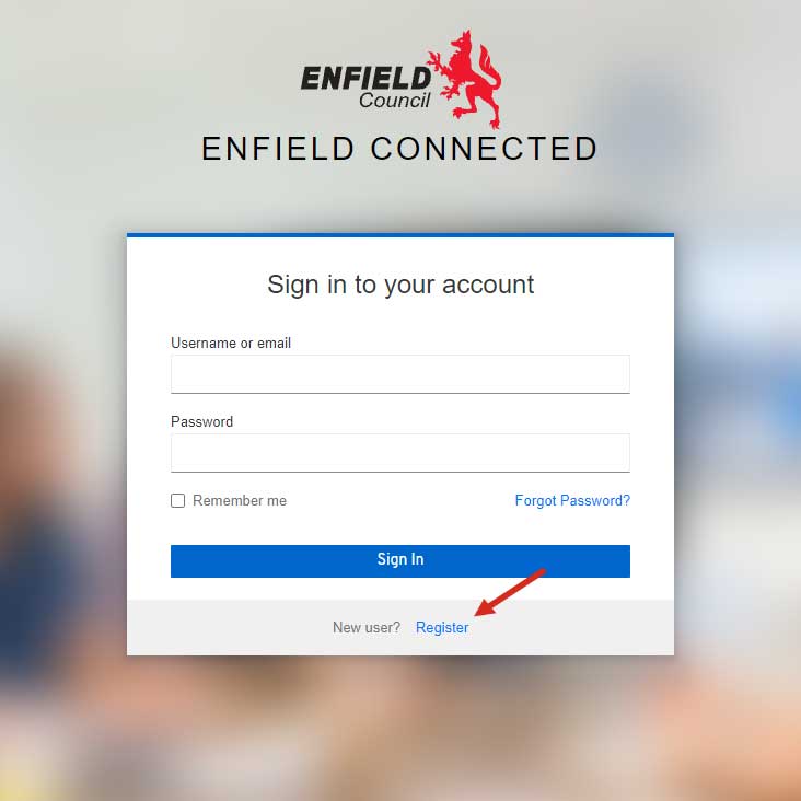 Image of Enfield Connected portal, with arrow pointing towards register link