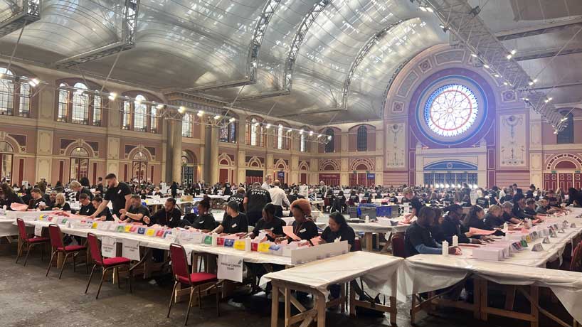 Votes being counted in the Great Hall of Alexandra Palace, London Elects 2024