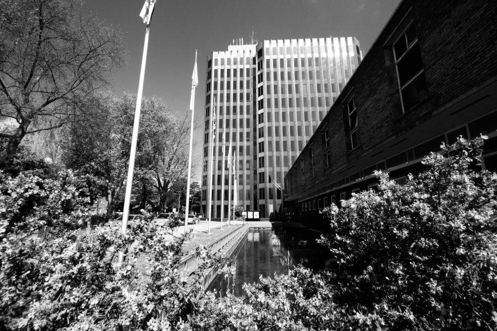 Civic centre in black and white