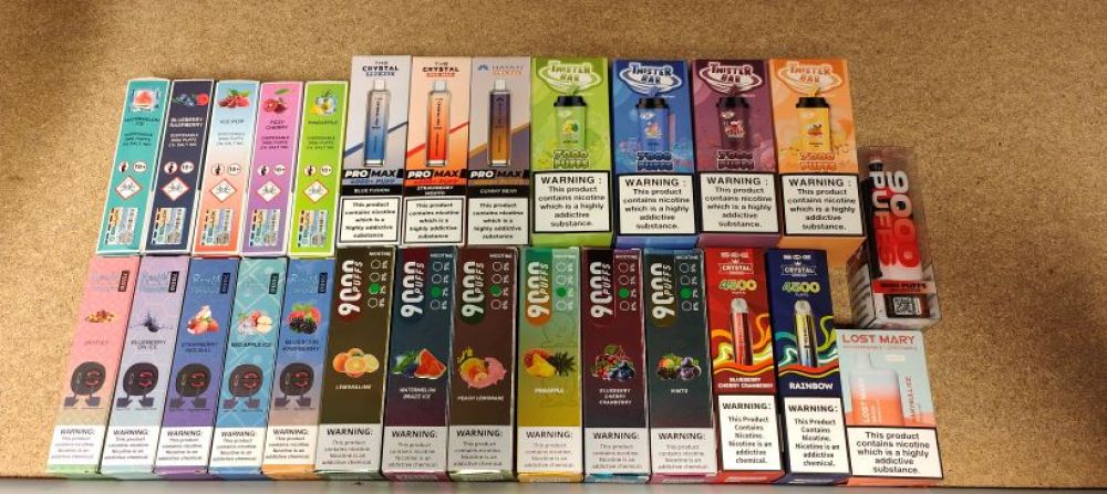 Rows of vapes in their boxes seized by Trading Standards
