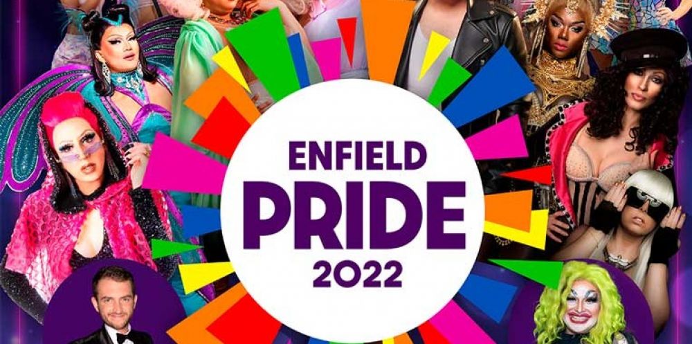 Enfield Pride Square Poster depicting all the performers of the festival